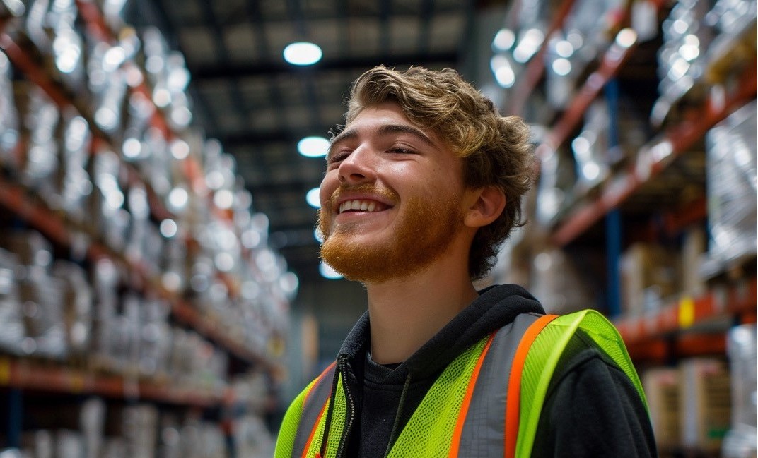 Magazijnmedewerker met veiligheidshesje in een distributiecentrum, werk zonder diploma