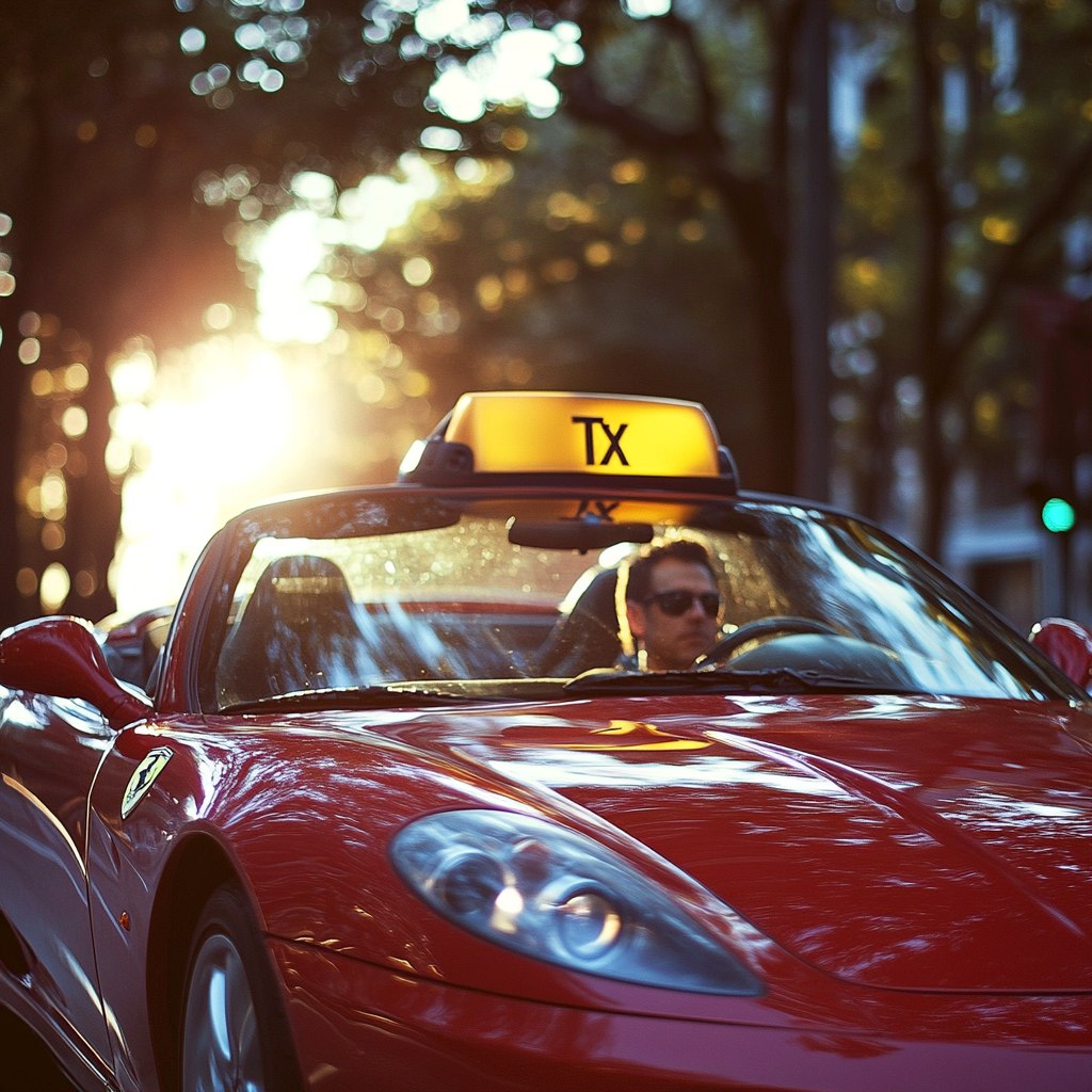 Een taxi chauffeur rijdt rond in een rode ferrari