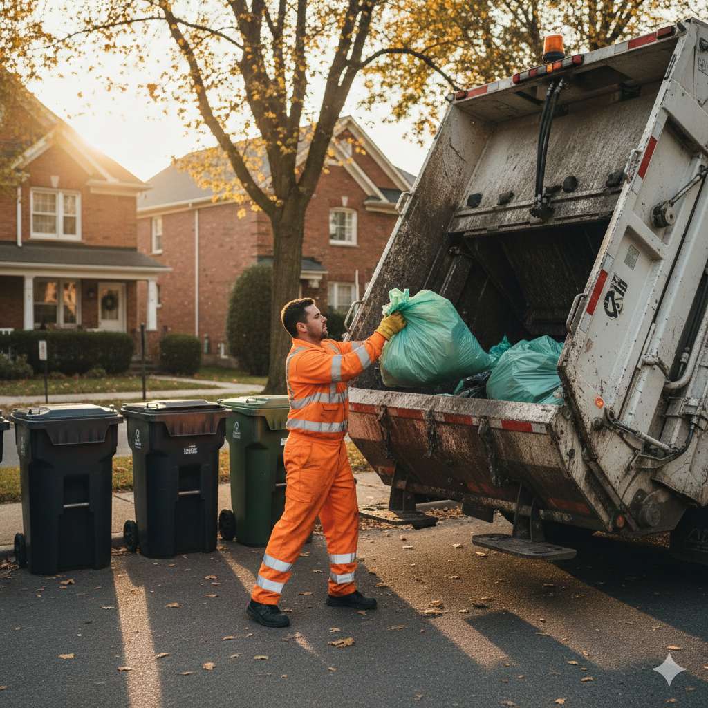 een vuilnisman die vuilnis in de vuilniswagen gooit