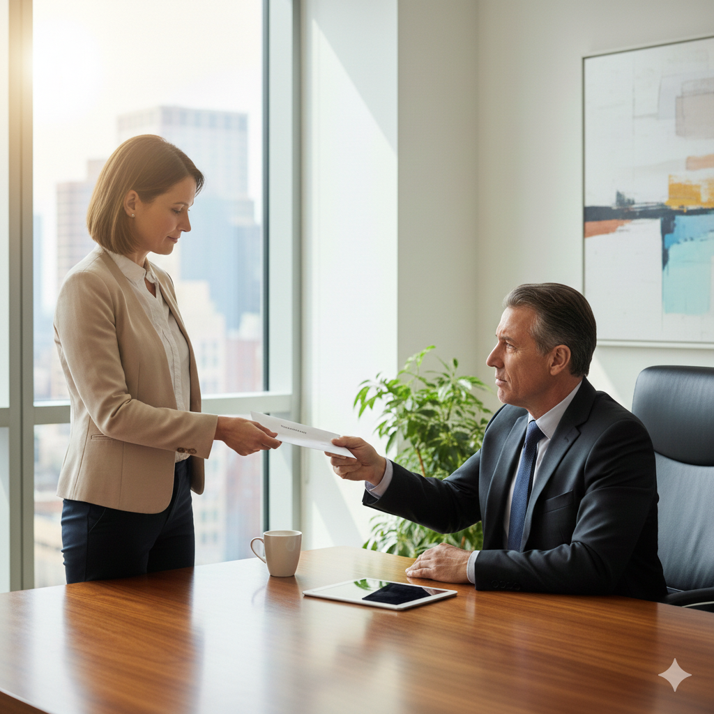 een vrouw die ontslag neemt bij haar directeur